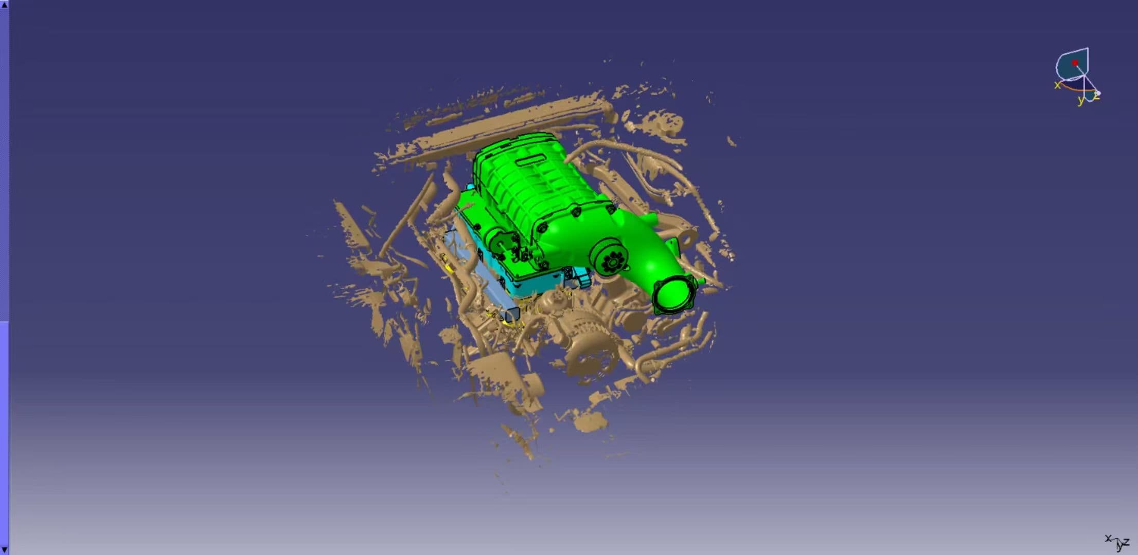 3D-scanned vehicle engine bay with a supercharger system CAD model