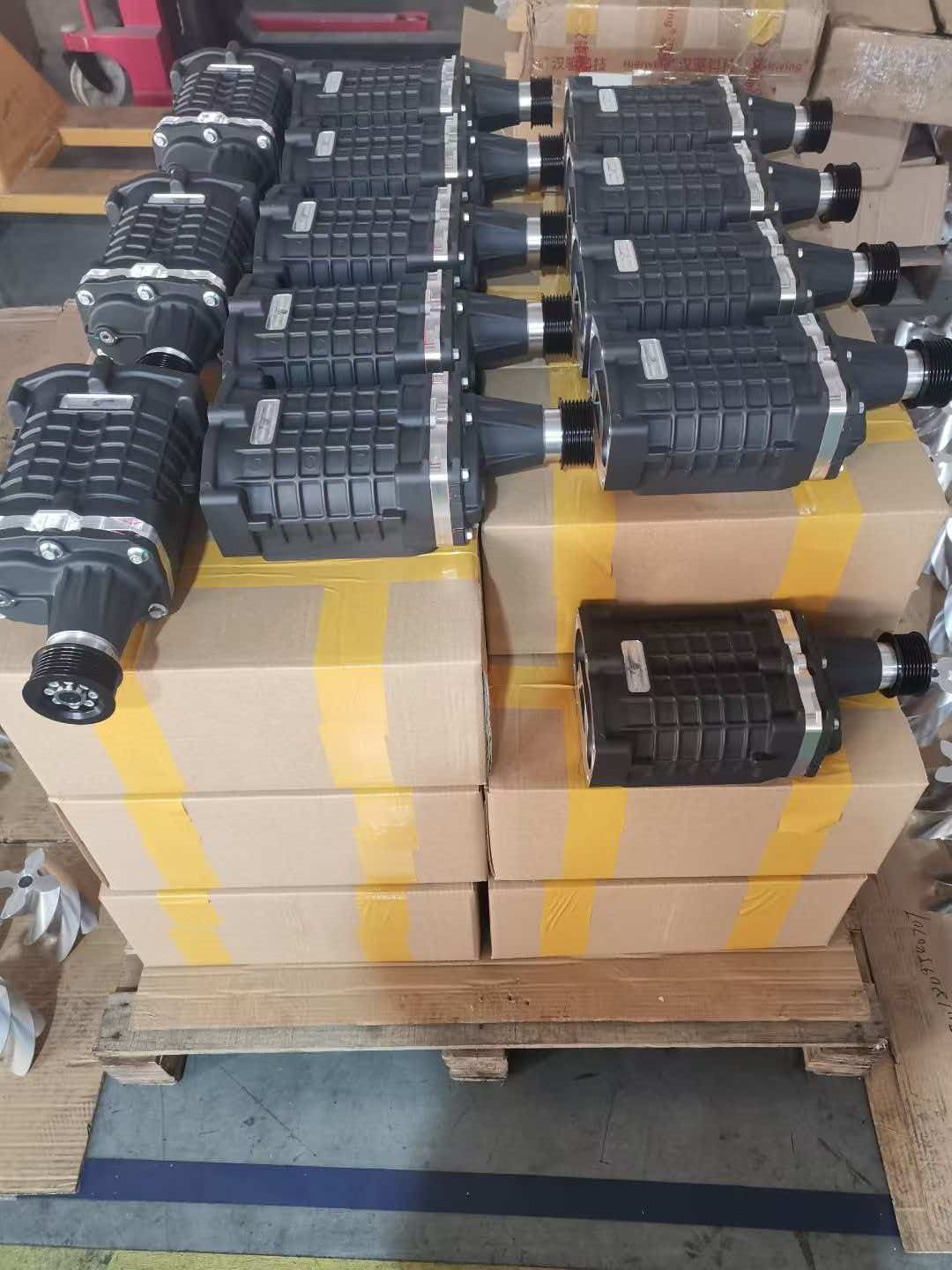 Supercharger products prepared for display